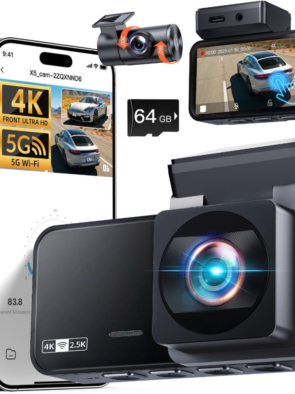 NEW Dash Cam Front and Rear 4K + 2.5K Camera for Cars 5.8GHz WiFi Touch Screen